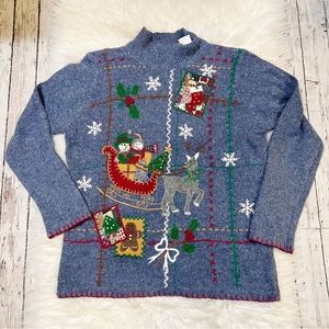 Victoria Jones Blue Gray Mock Neck Ugly Christmas Sweater Size Medium